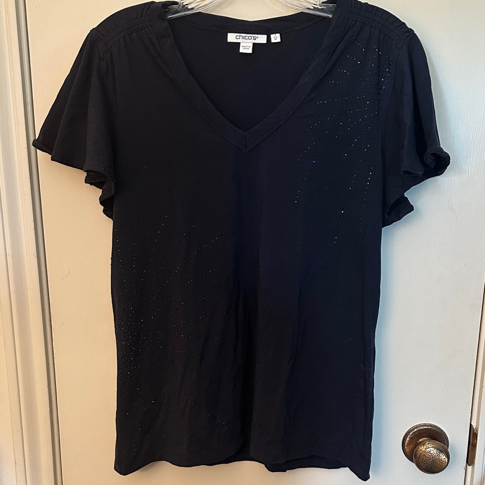 Chico's Elegant Deep Navy V-Neck Blouse with rhinestone firework design
